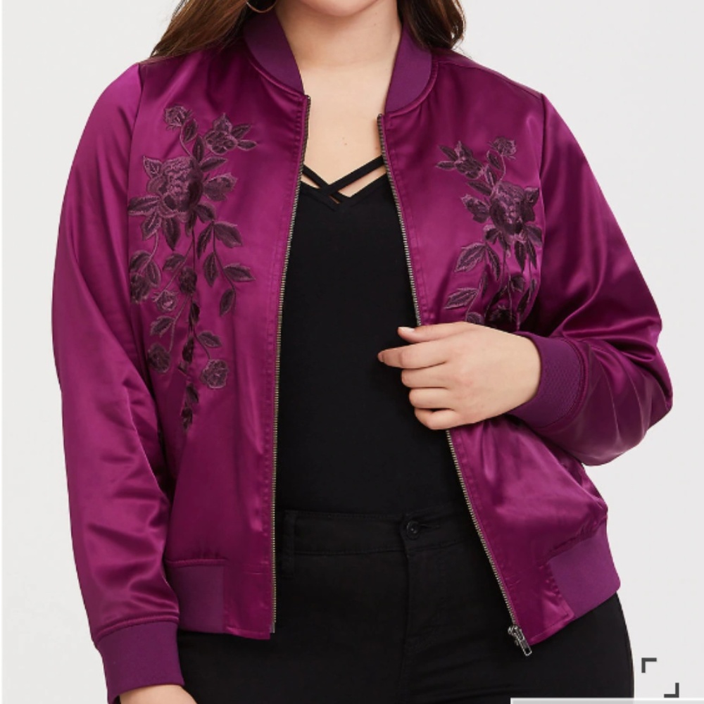 TORRID - PURPLE SATIN EMBROIDERED BOMBER JACKET